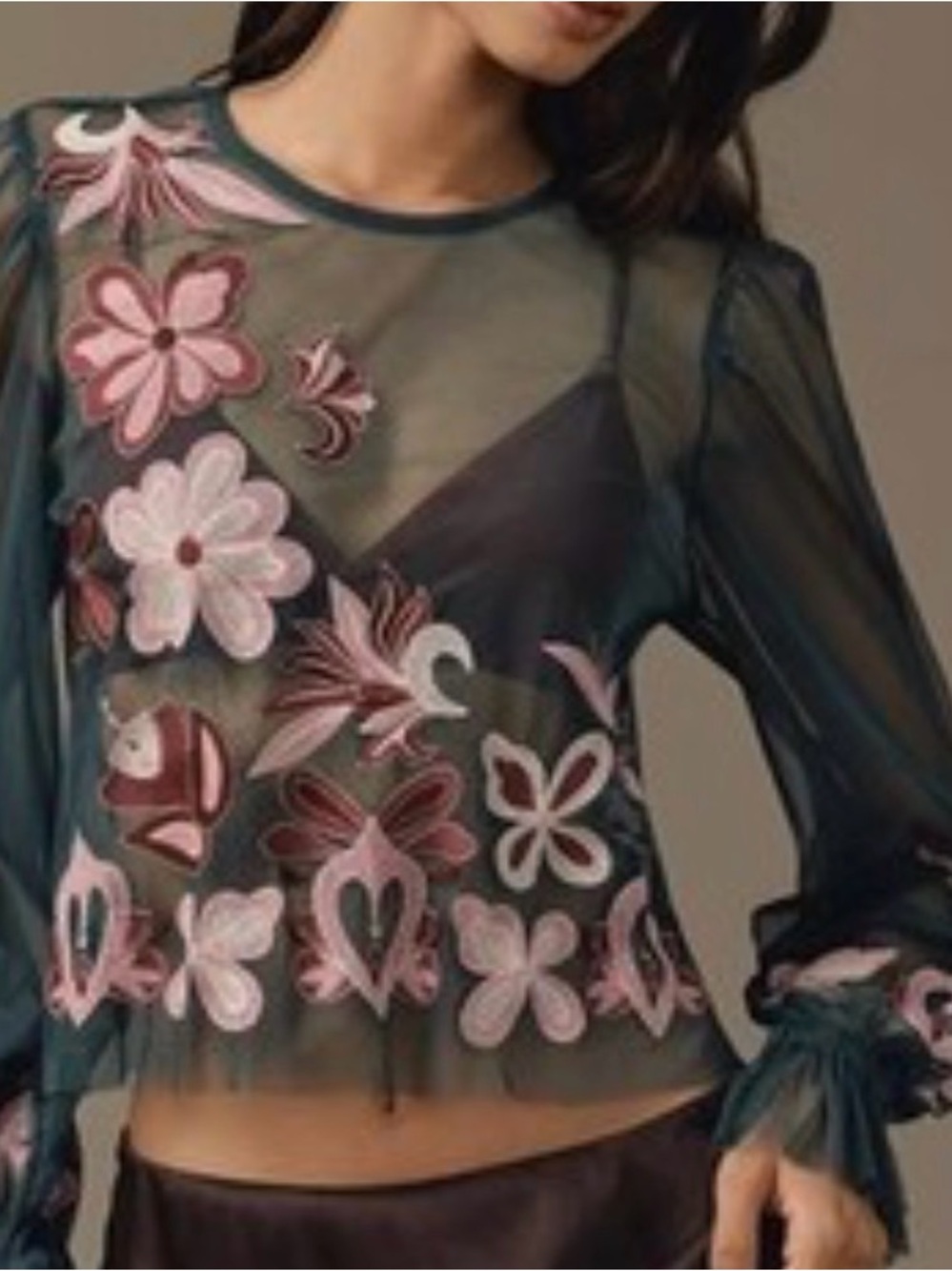 Anthropologie Teal Sheer Long-Sleeve Floral Embroidered Crop Top M